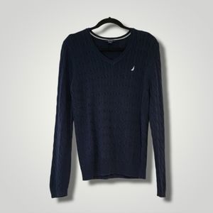 Nautica Top Womens Sweater L Navy Cable Knit V-neck Long‎ Sleeves Pullover Logo